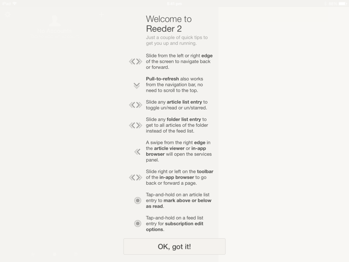 Reeder's instructions screen on the iPad.